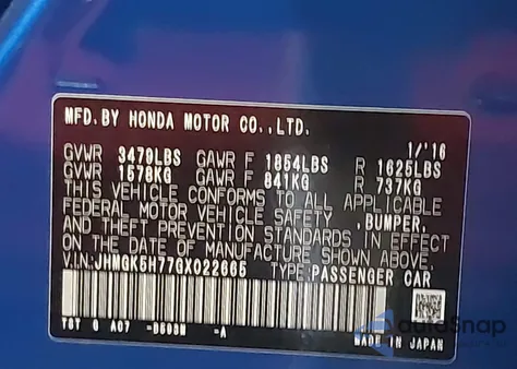 2016 Honda Fit Ex from USA, damaged, VIN JHMGK5H77GX022665